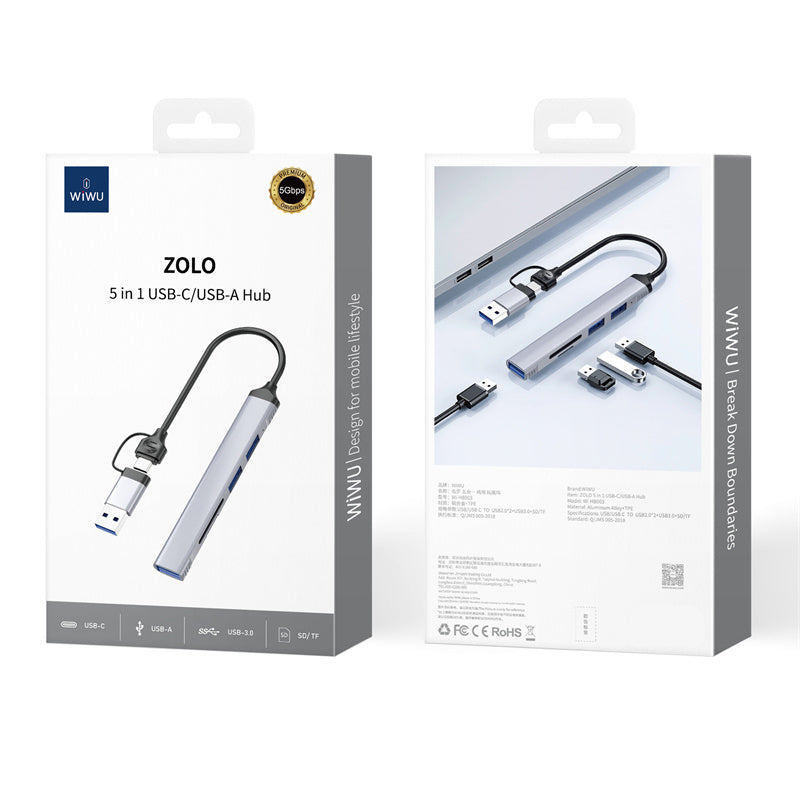 Wiwu Wi-HB003 Zolo Serisi USB3.0 + USB2.0 + SD/TF Bağlantılı Type-C USB-A 5in1 Hub Wiwu Wi-HB003 Zolo Serisi USB3.0 + USB2.0 + SD/TF Bağlantılı Type-C USB-A 5in1 Hub